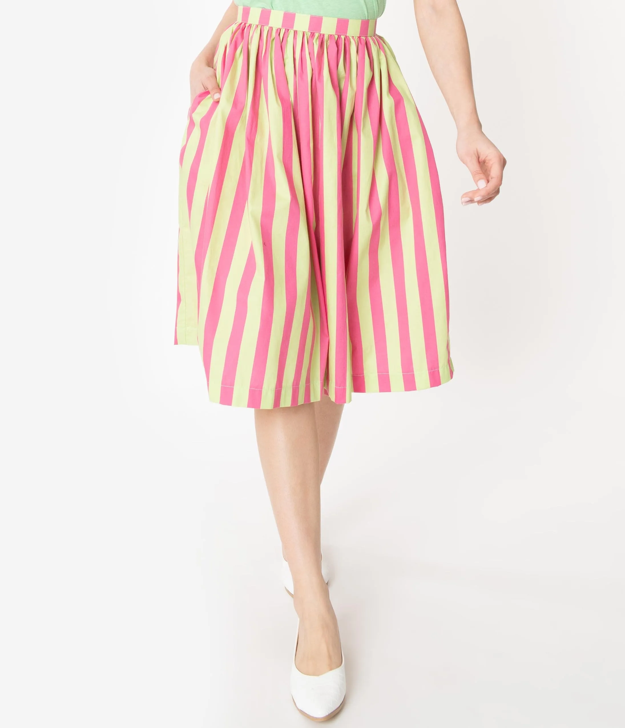 1950s Style Pink & Mint Green Stripe Swing Skirt