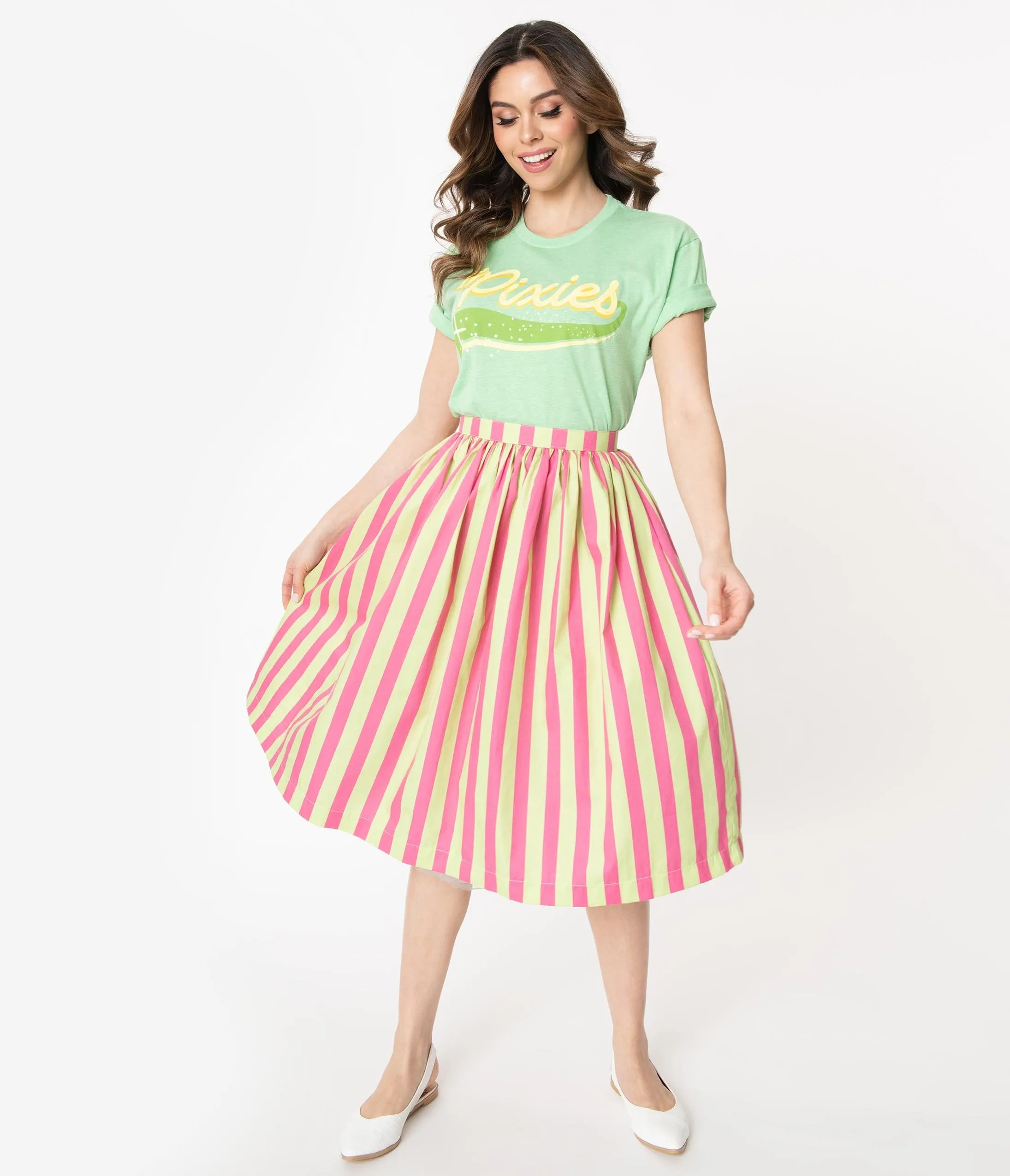 1950s Style Pink & Mint Green Stripe Swing Skirt