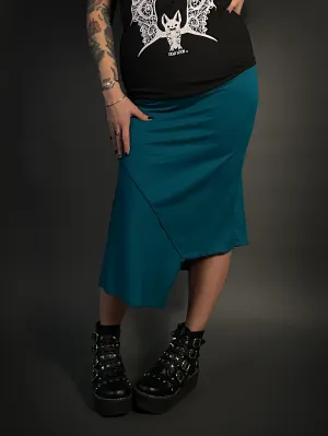 Asymmetrical Stretch Midi Skirt in Dark Emerald Blue - Alt Style