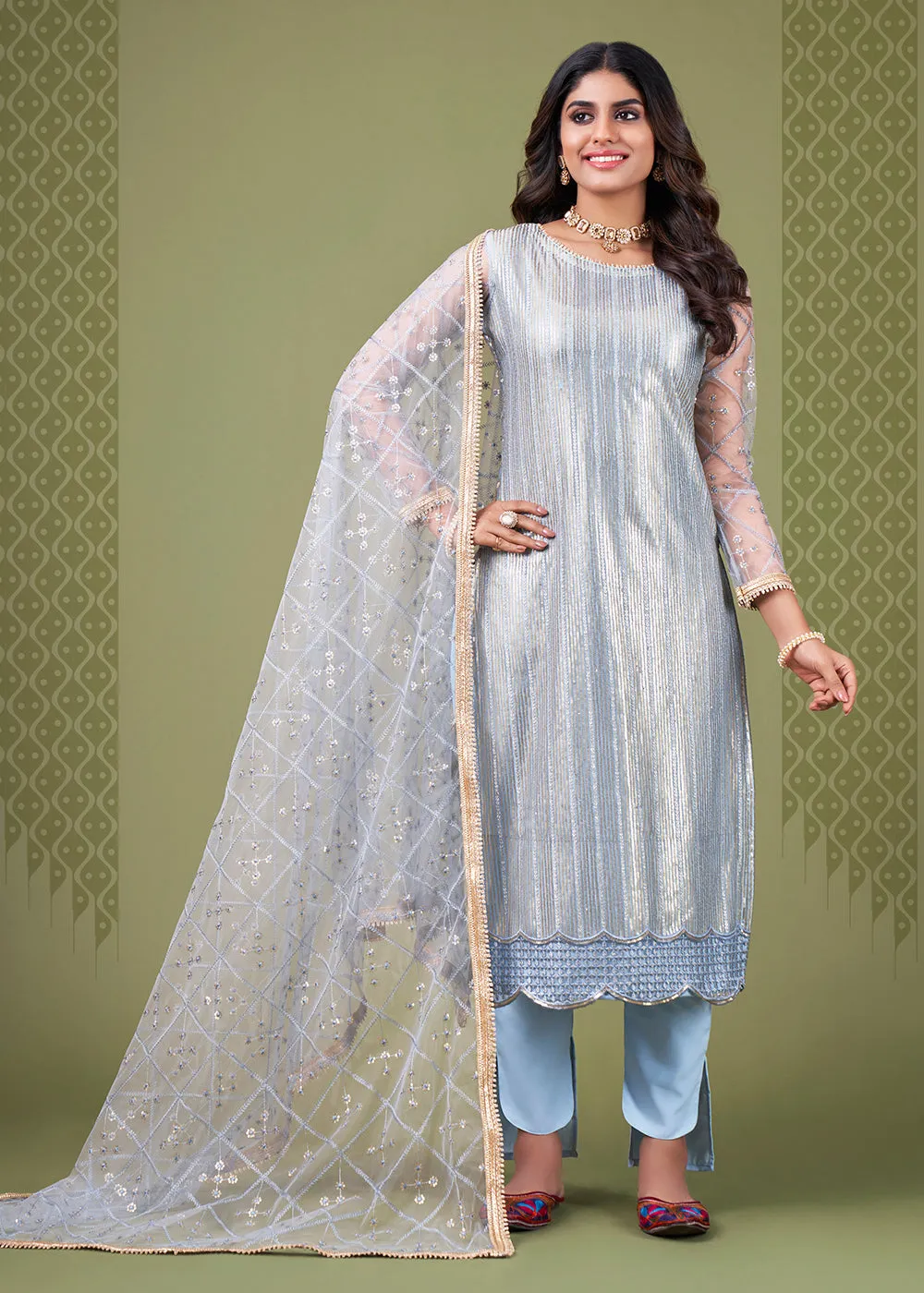 Attractive Sky Blue Tone to Tone Embroidered Salwar Kameez