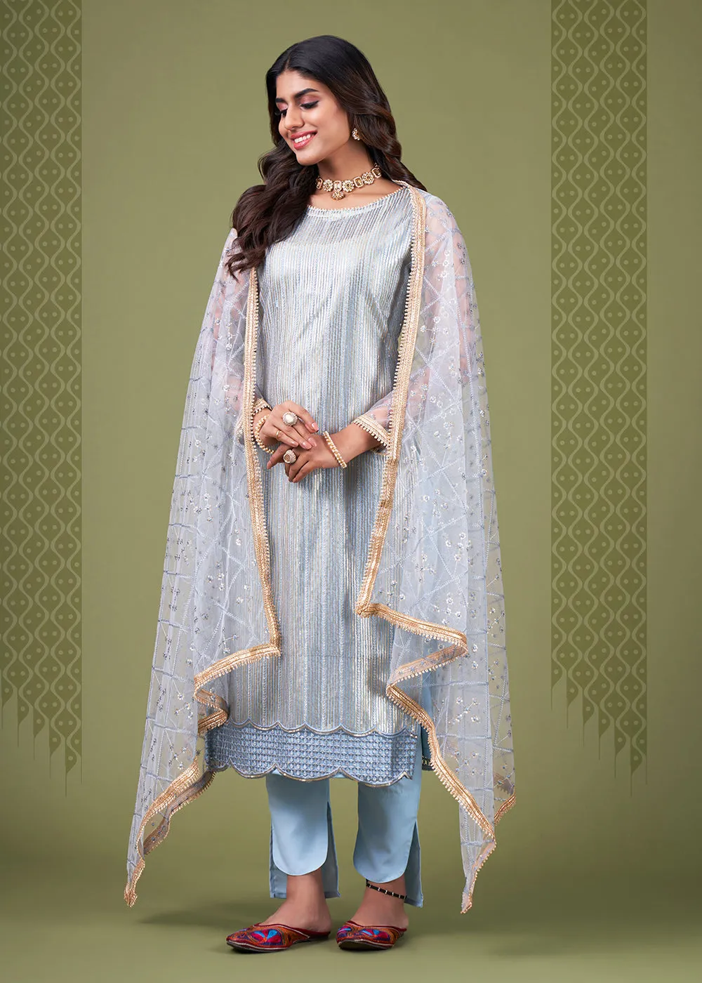 Attractive Sky Blue Tone to Tone Embroidered Salwar Kameez