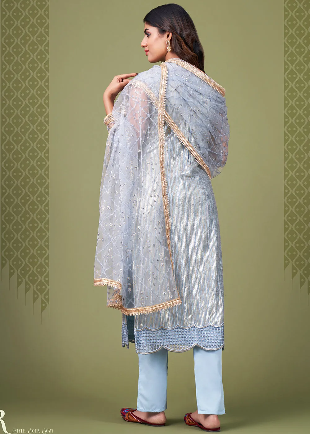 Attractive Sky Blue Tone to Tone Embroidered Salwar Kameez