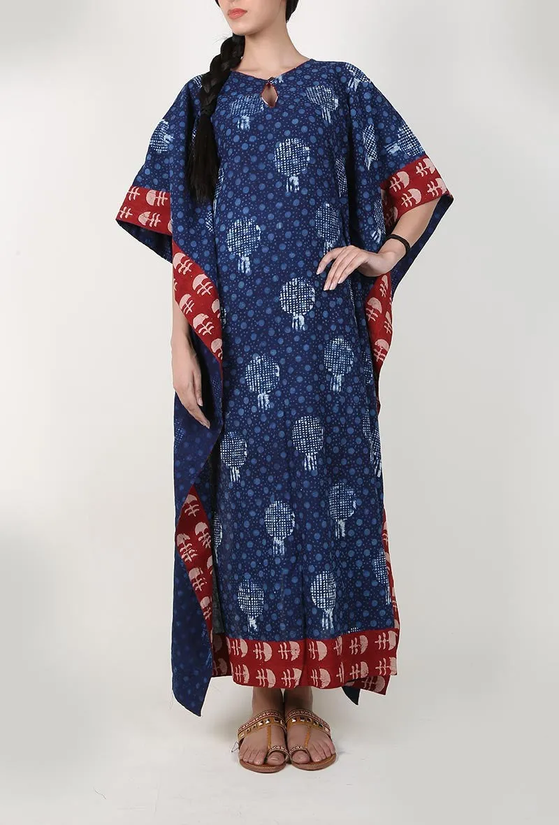 Bagru Indigo Kaftan With Crimson Red Border