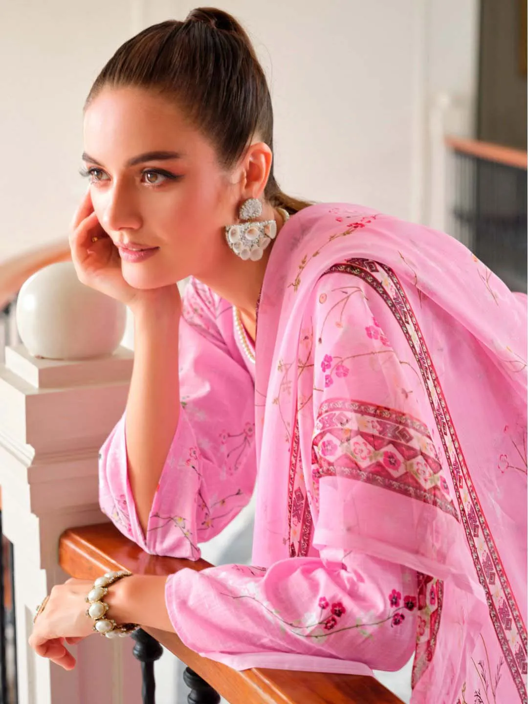 Belliza Cotton Linen Embroidered Unstitched Suit Set Pink