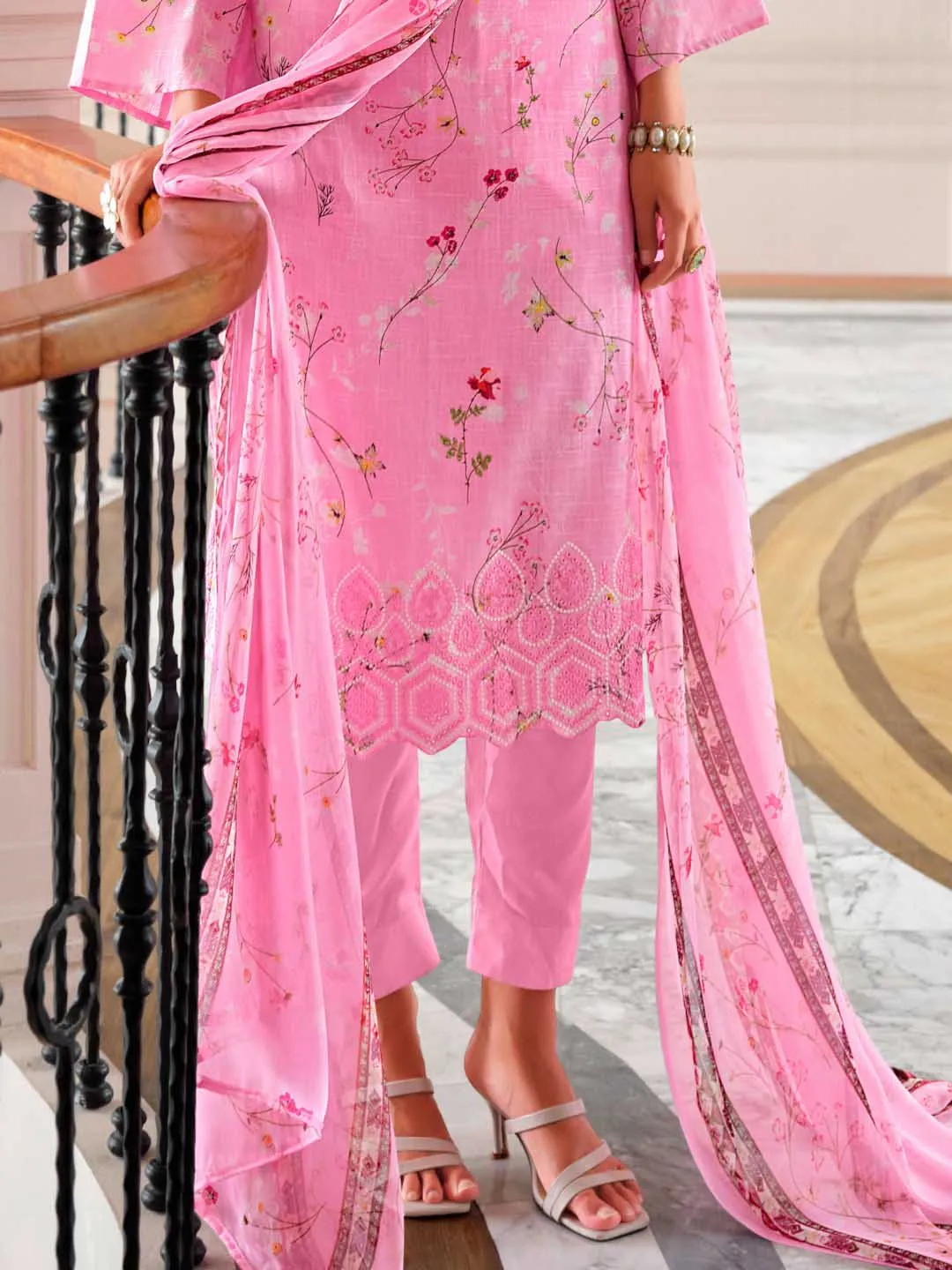 Belliza Cotton Linen Embroidered Unstitched Suit Set Pink