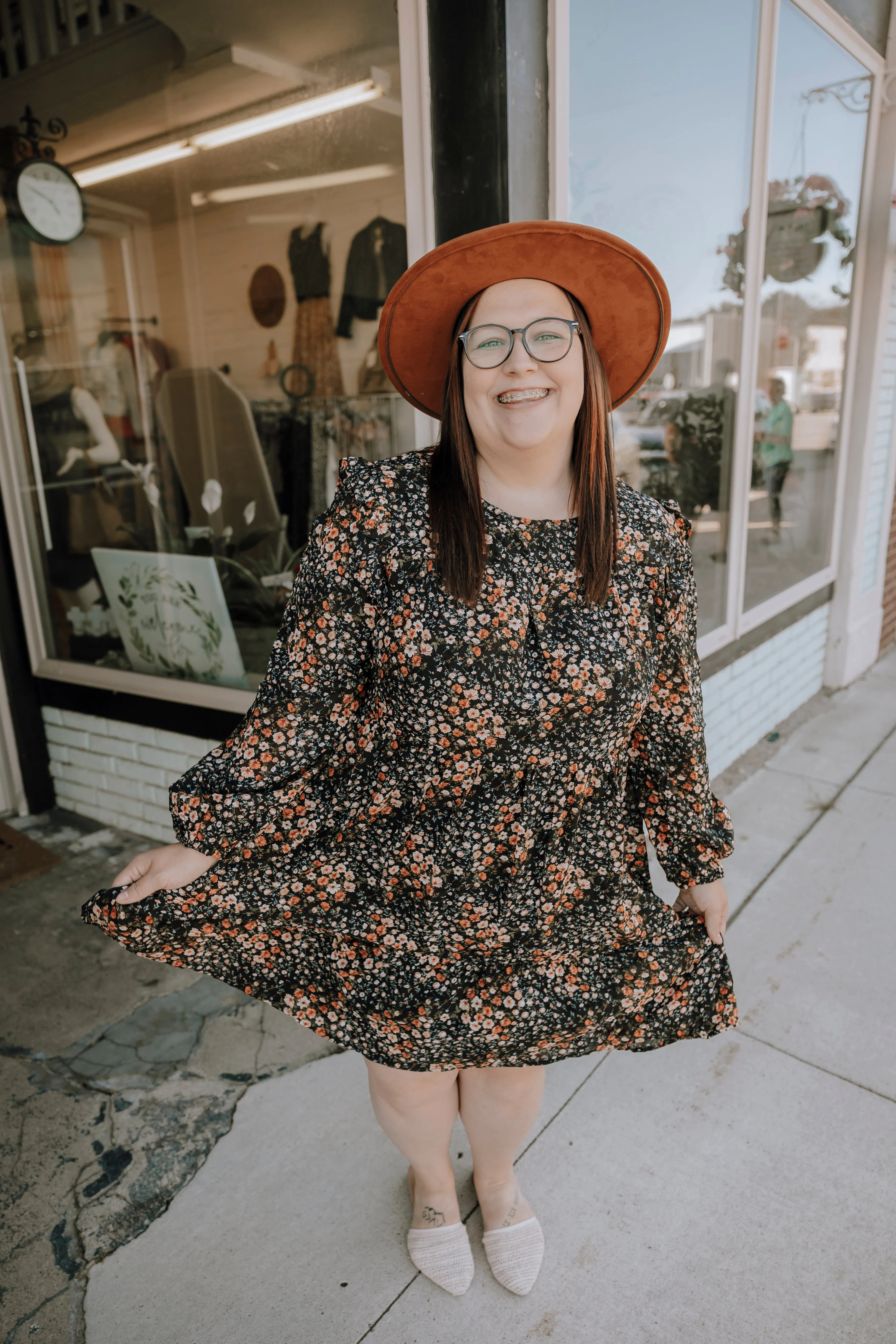 Black Floral Long Sleeve Dress-Plus