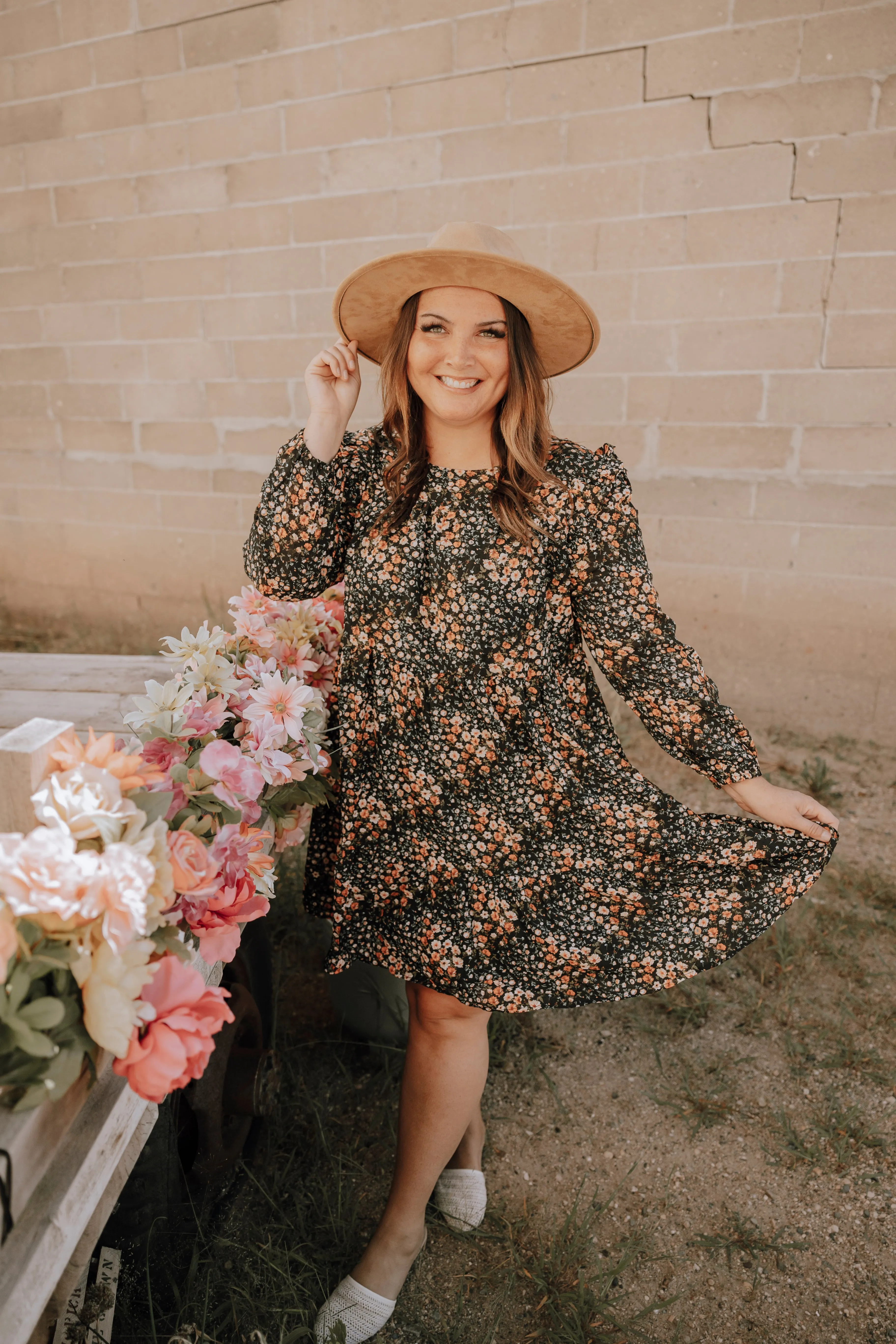 Black Floral Long Sleeve Dress-Plus