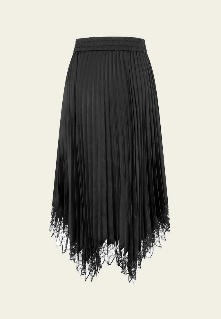 Black Satin Pleated Midi Skirt