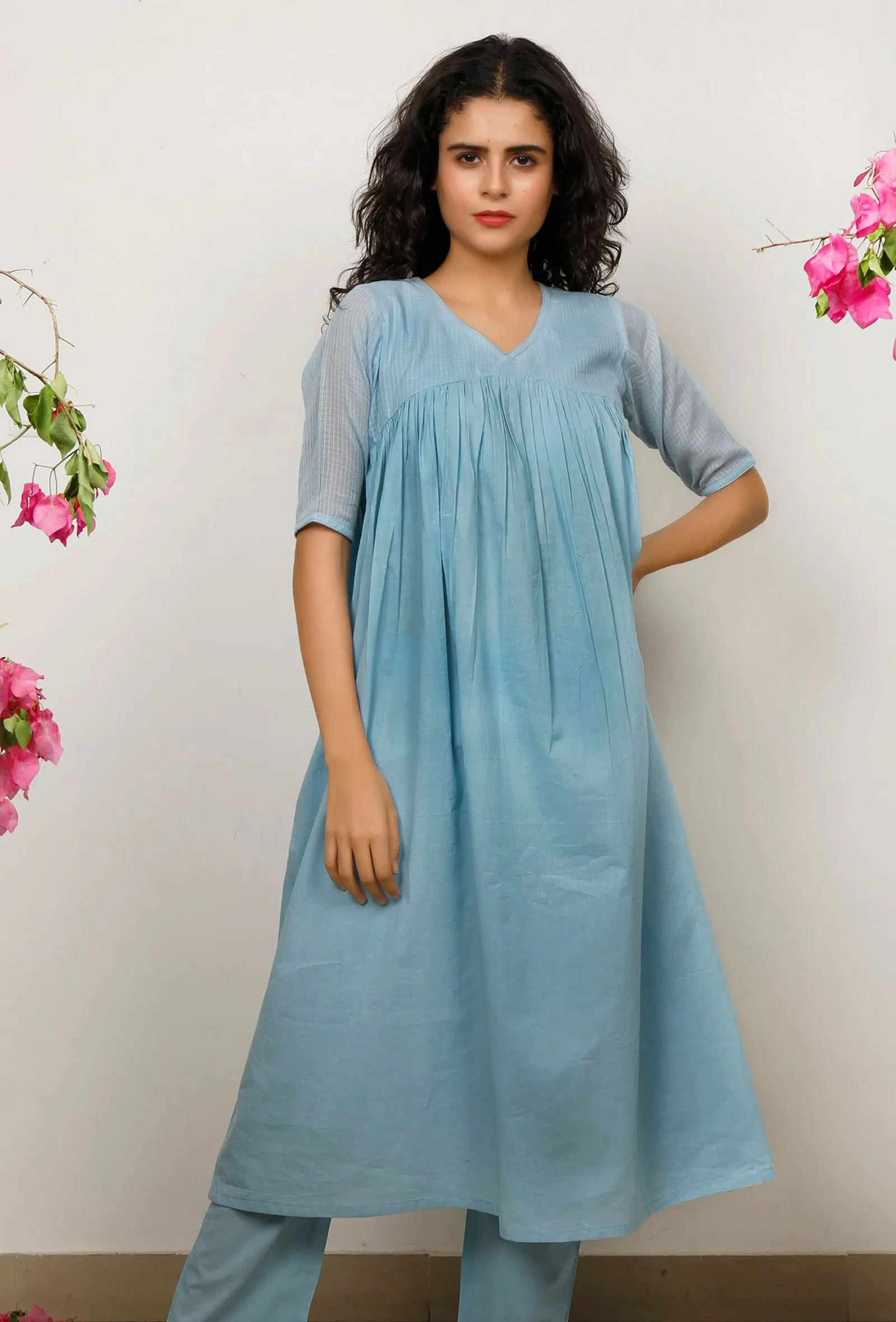 Blue Kota Cotton Gathered Kurta