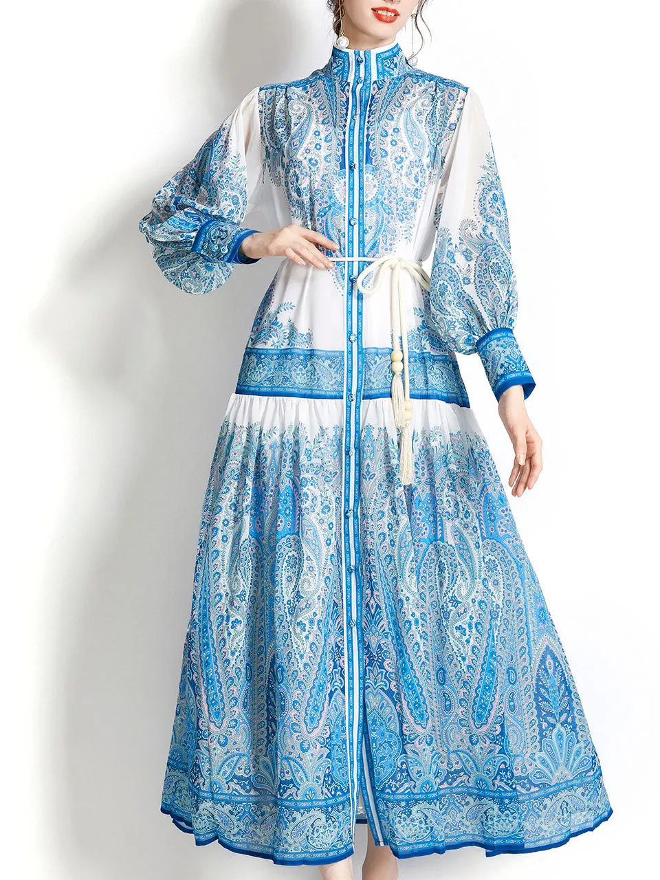 Blue Stand Collar Floral Print Long Sleeve Bohemian Dress Maxi Dress