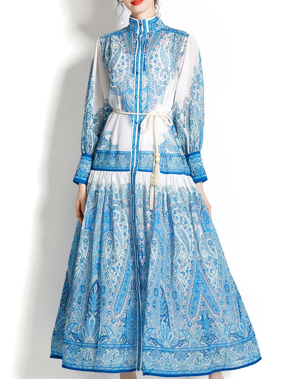 Blue Stand Collar Floral Print Long Sleeve Bohemian Dress Maxi Dress