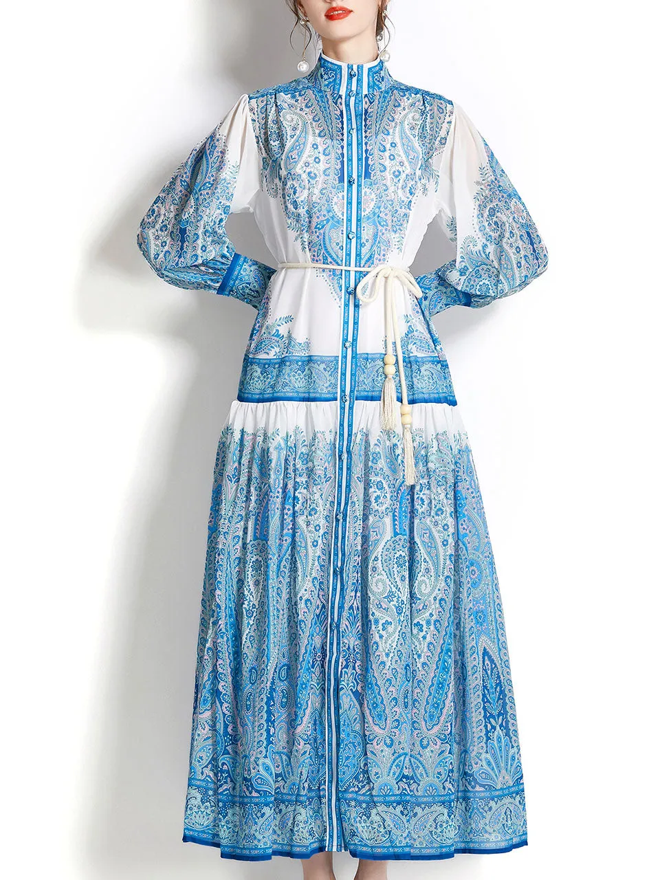 Blue Stand Collar Floral Print Long Sleeve Bohemian Dress Maxi Dress