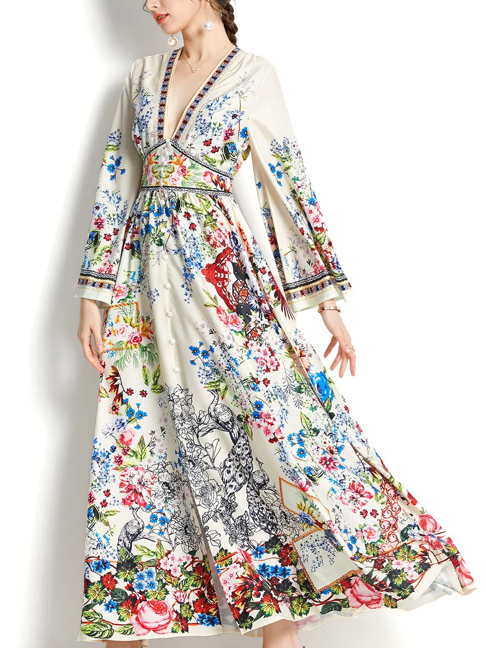 Blue V Neck Trumpet Sleeve Bohemian Dress Maxi Dress