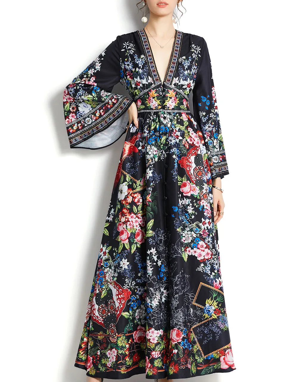 Blue V Neck Trumpet Sleeve Bohemian Dress Maxi Dress