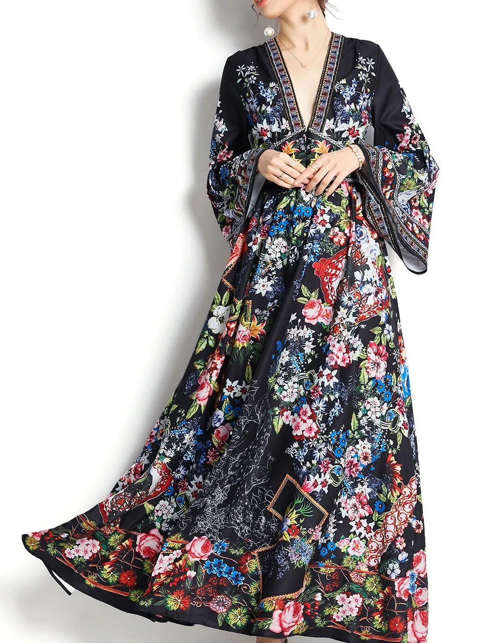 Blue V Neck Trumpet Sleeve Bohemian Dress Maxi Dress