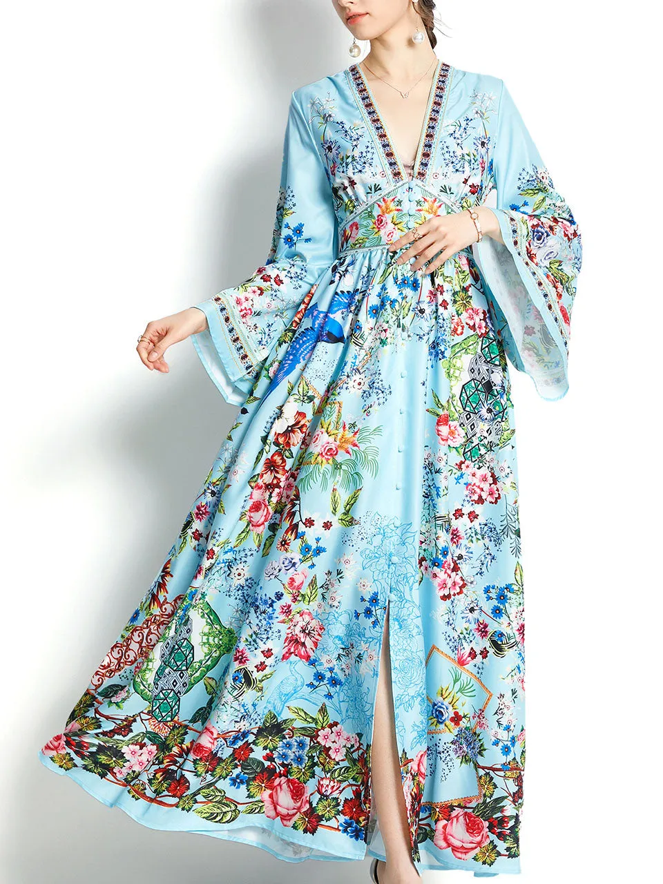 Blue V Neck Trumpet Sleeve Bohemian Dress Maxi Dress