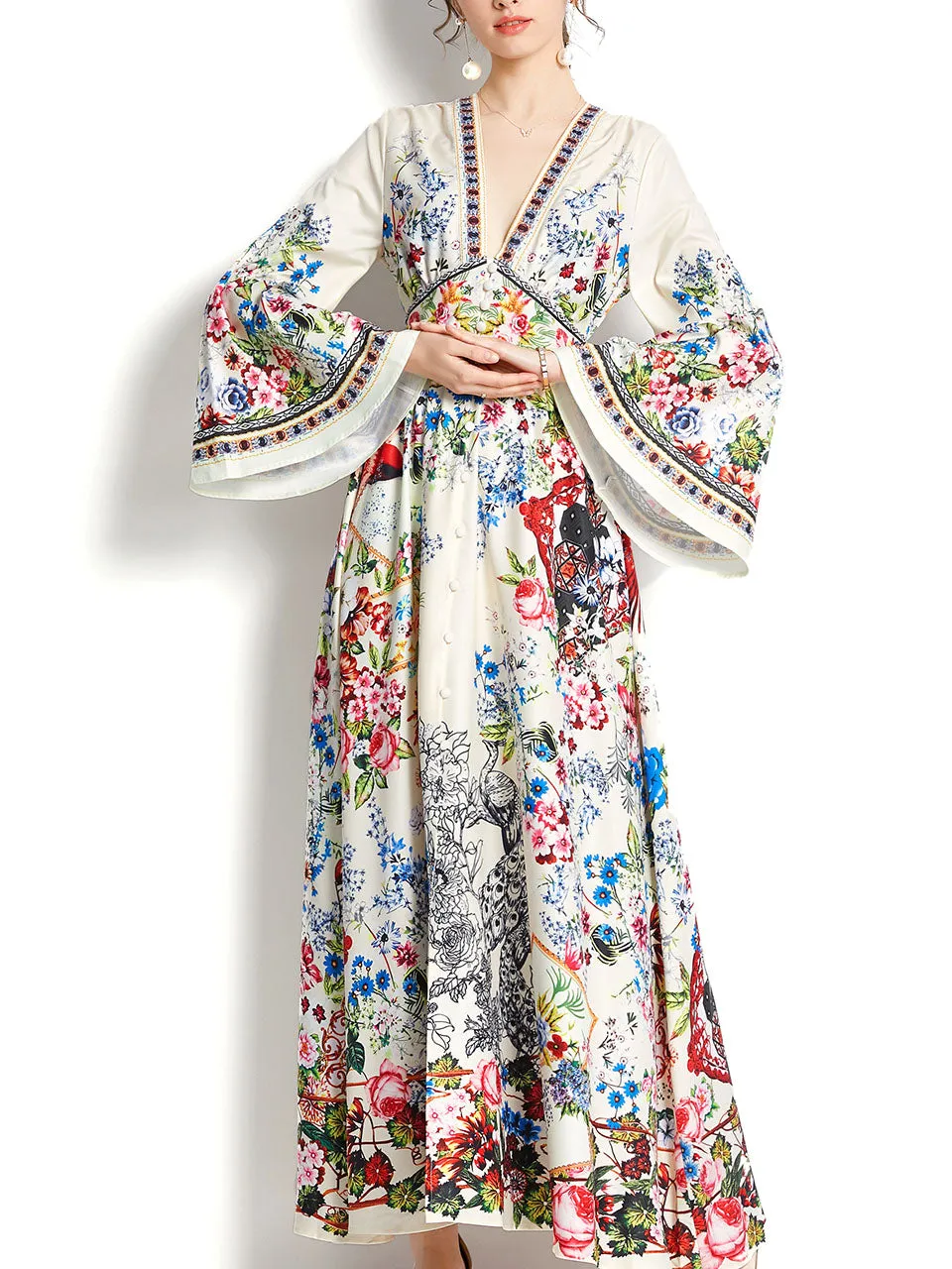 Blue V Neck Trumpet Sleeve Bohemian Dress Maxi Dress