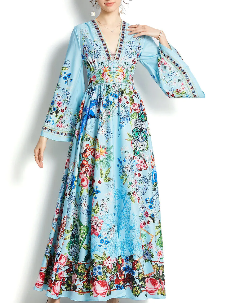 Blue V Neck Trumpet Sleeve Bohemian Dress Maxi Dress