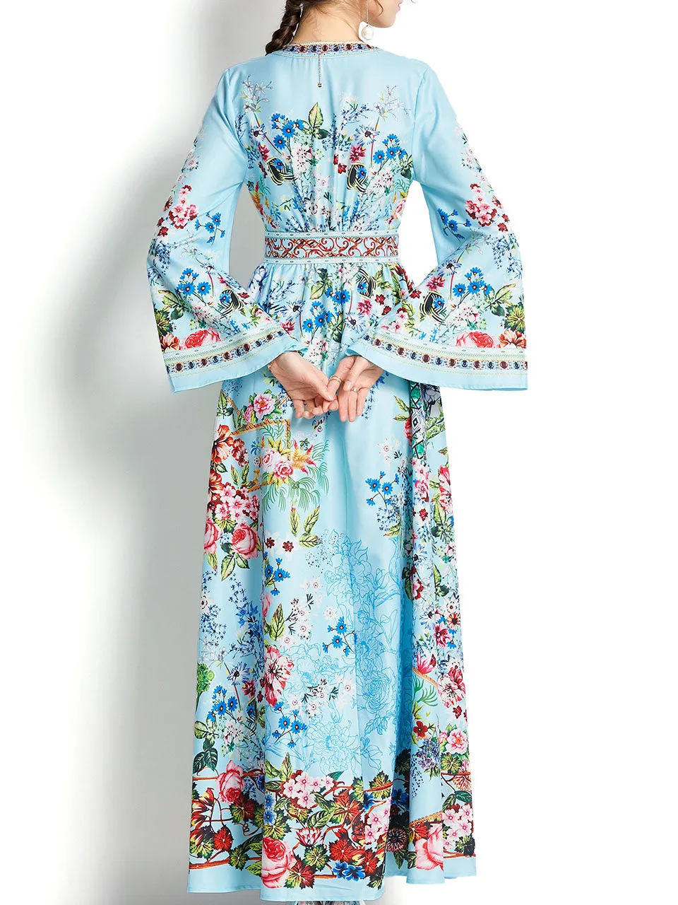 Blue V Neck Trumpet Sleeve Bohemian Dress Maxi Dress