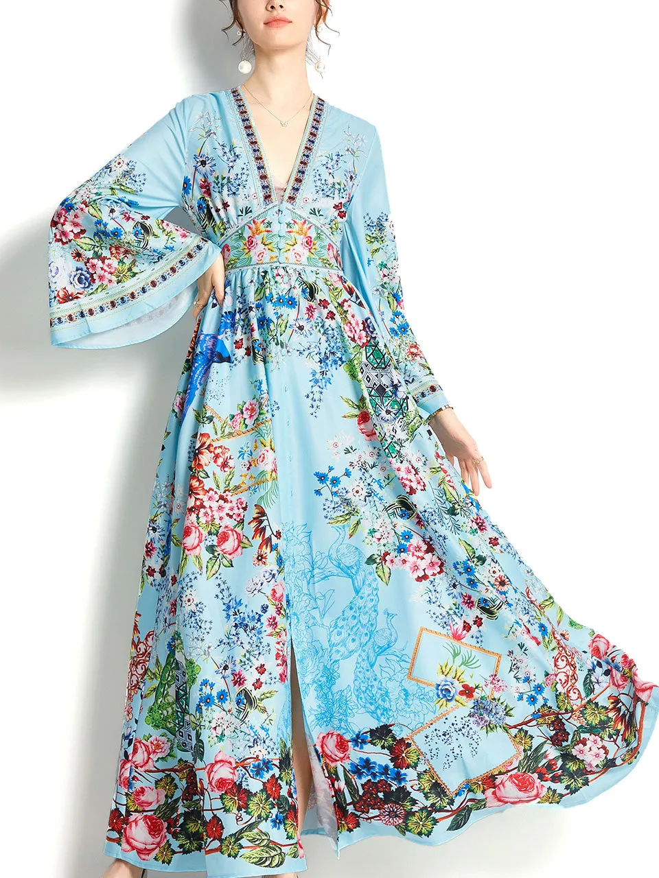 Blue V Neck Trumpet Sleeve Bohemian Dress Maxi Dress