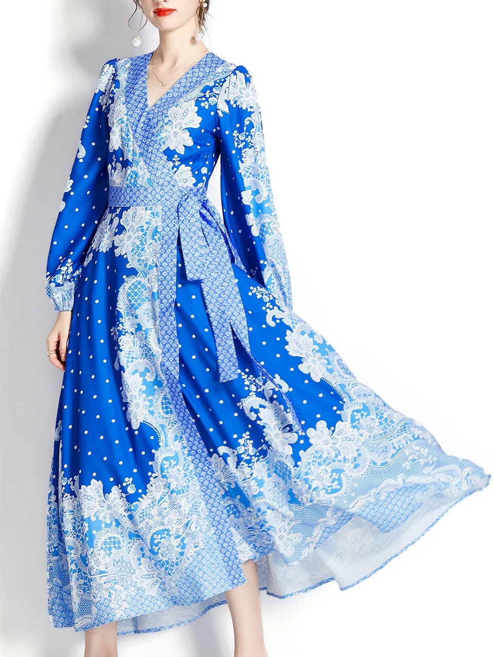 Blue V Neck Wrap Bohemian Dress Maxi Dress