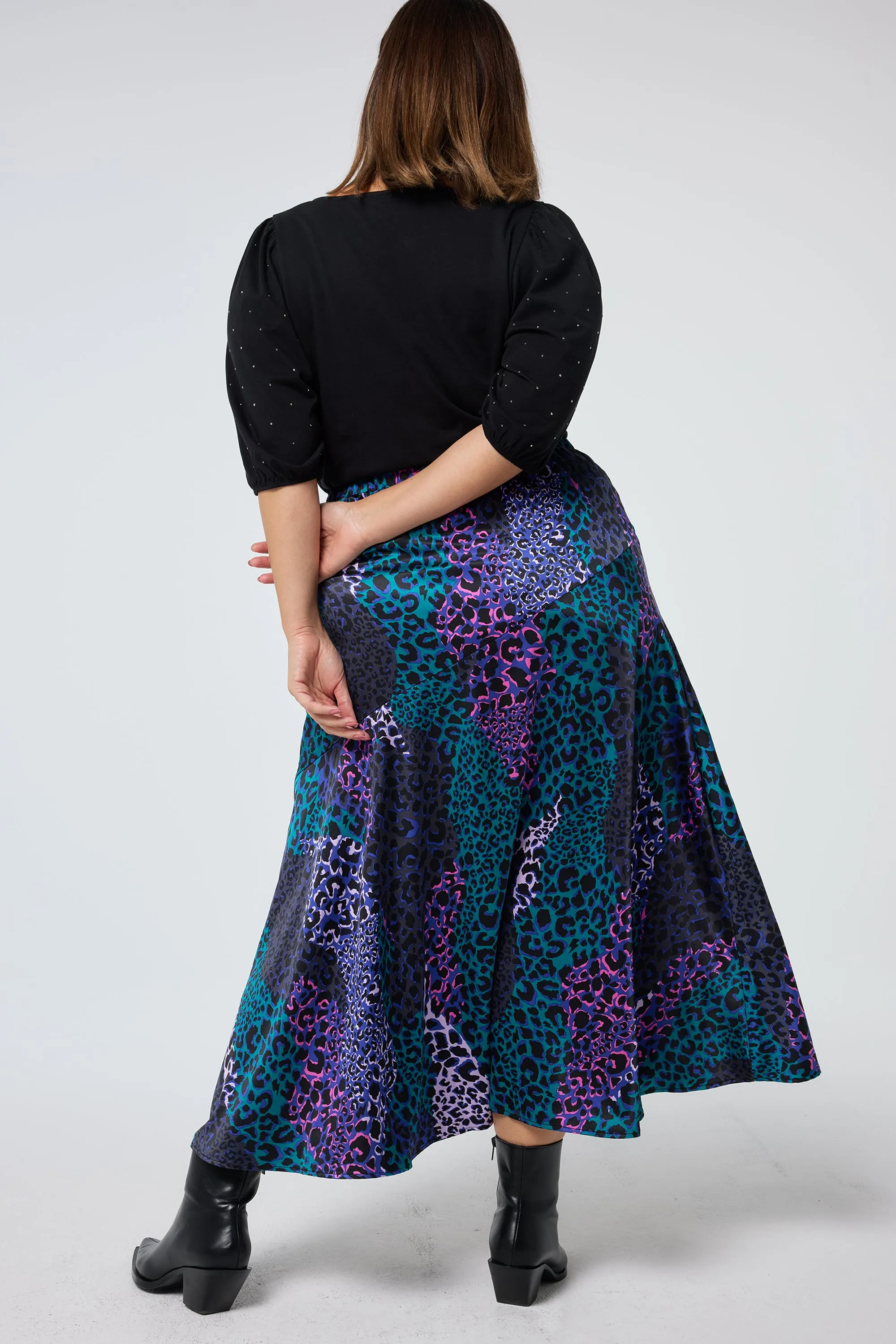 Blue with Green Spliced Leopard Satin High Low Hem Skirt