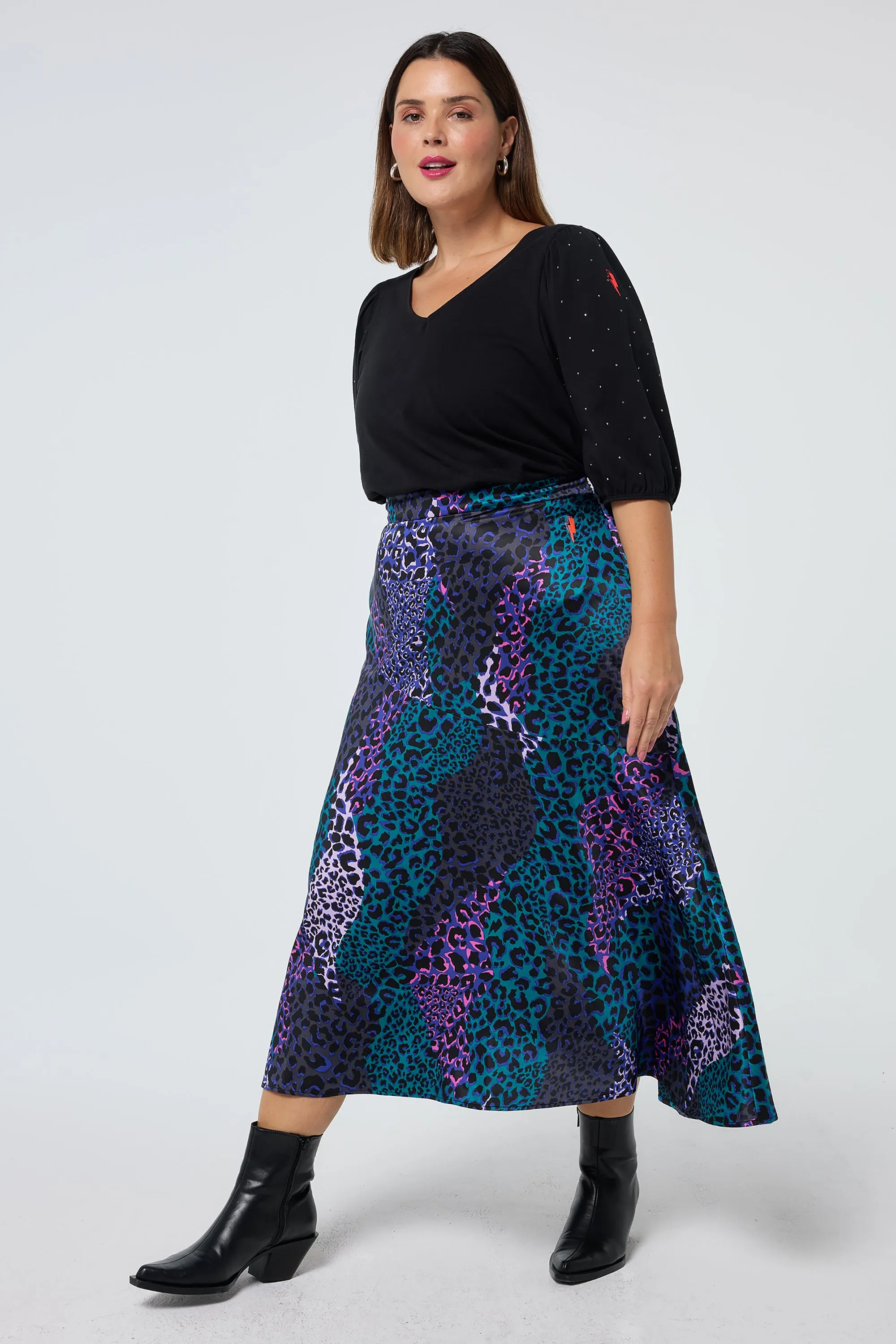 Blue with Green Spliced Leopard Satin High Low Hem Skirt