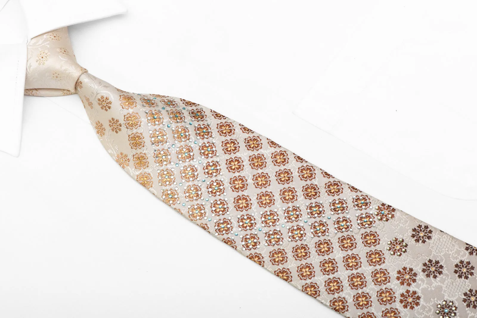 Brown Foulard On Cream Beige Rhinestone Silk Necktie With Silver Sparkles