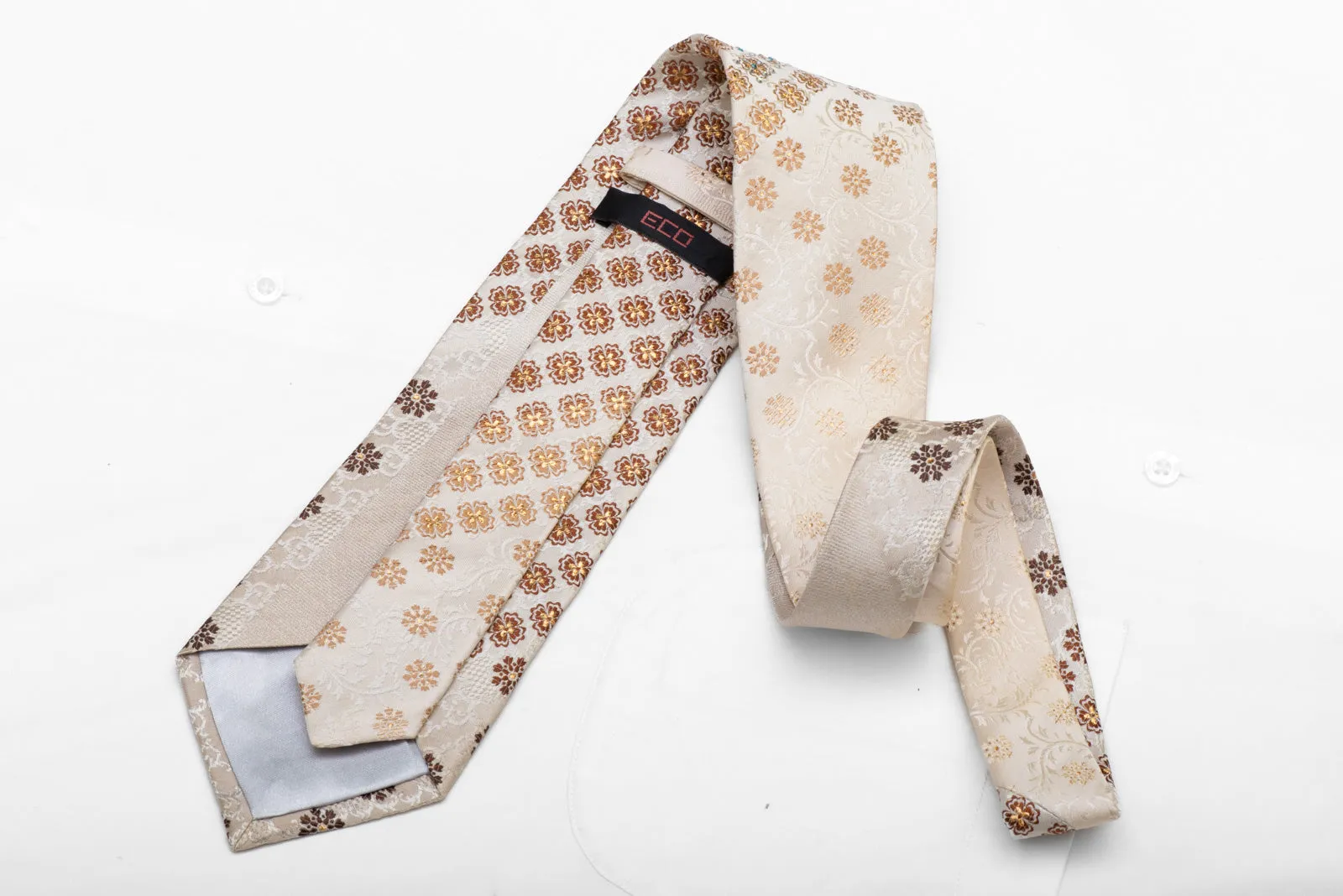 Brown Foulard On Cream Beige Rhinestone Silk Necktie With Silver Sparkles