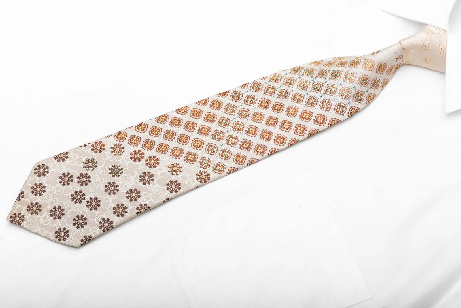 Brown Foulard On Cream Beige Rhinestone Silk Necktie With Silver Sparkles