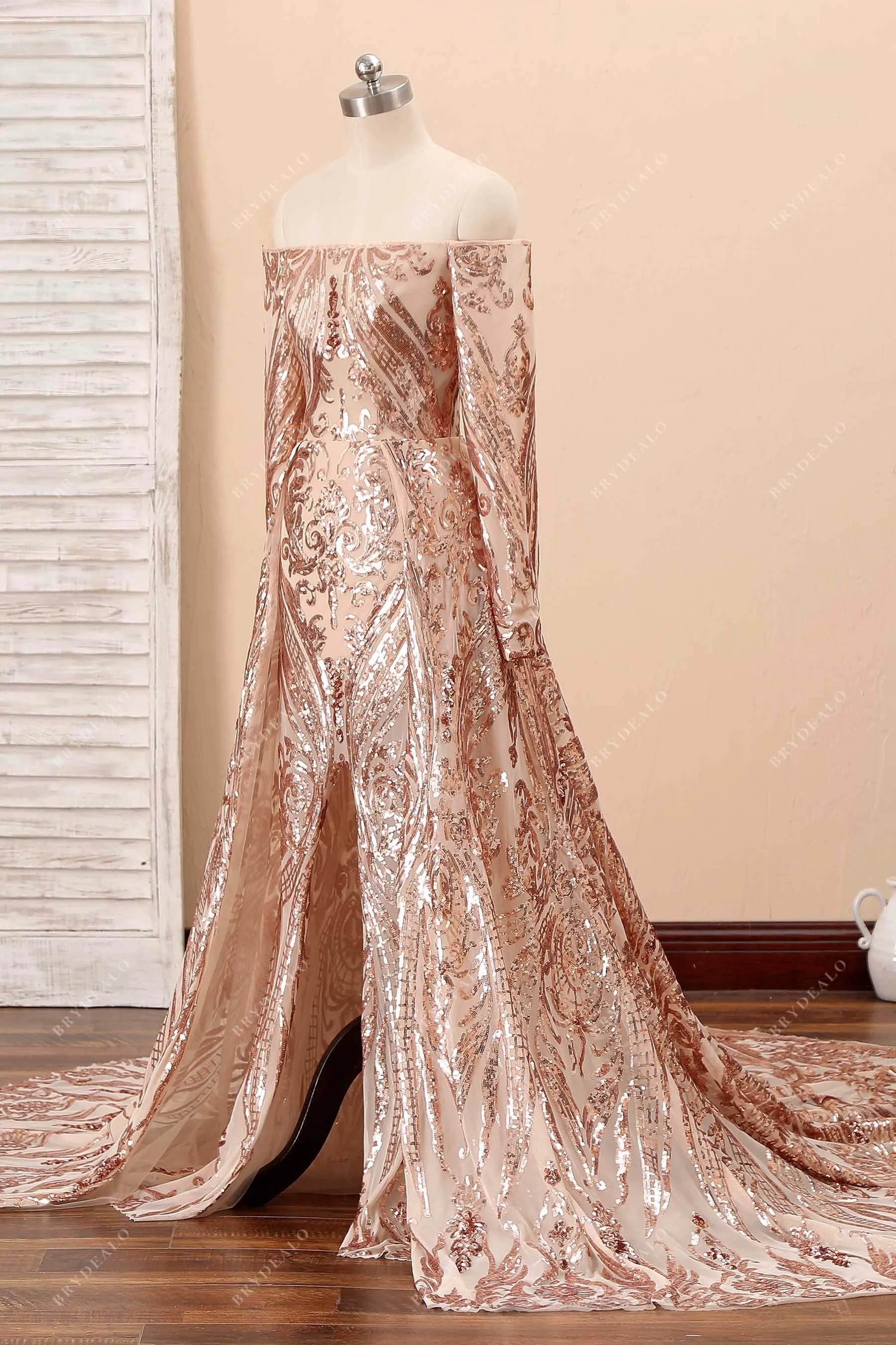 Champagne Patterned Sequin Off Shoulder Prom Gown