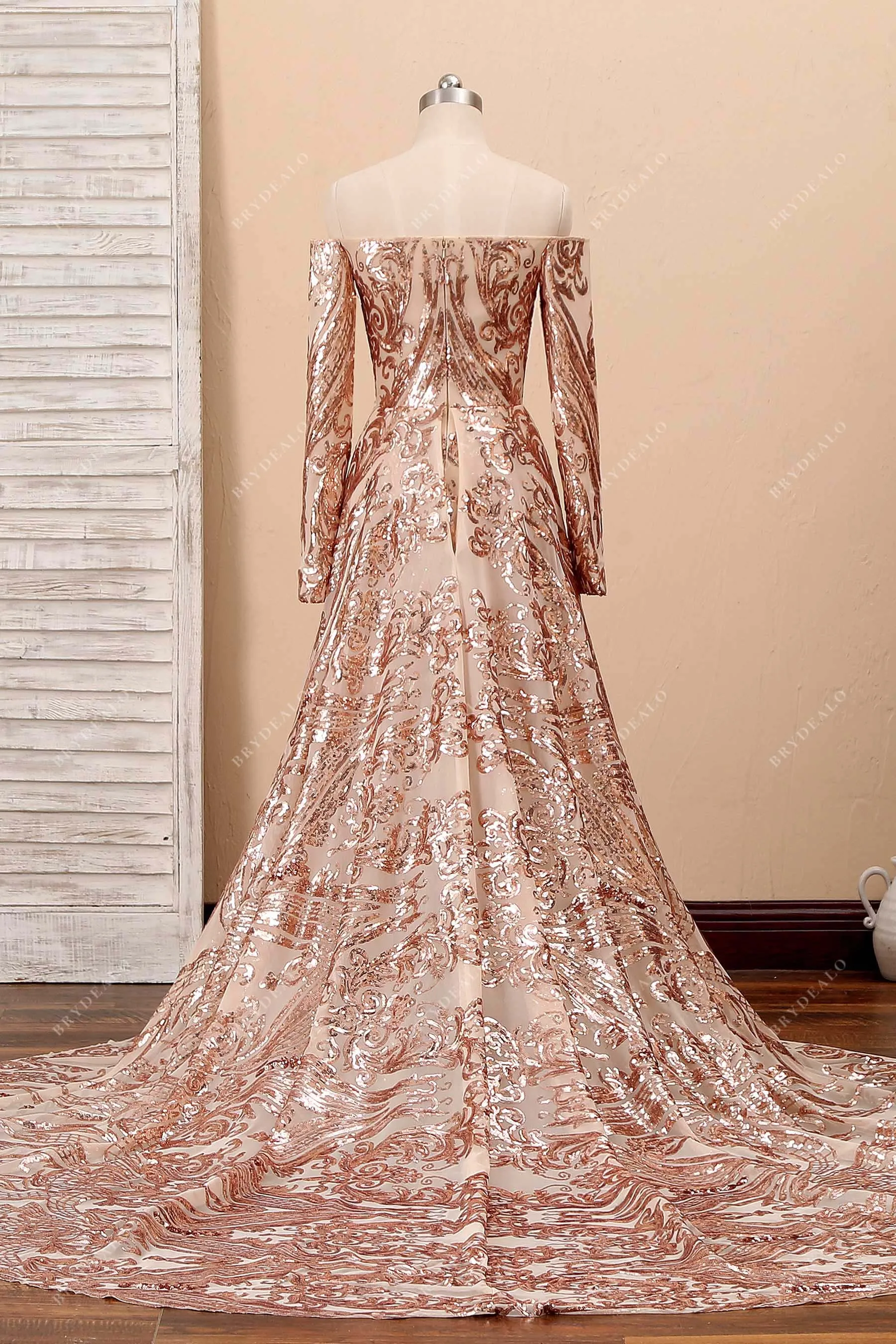 Champagne Patterned Sequin Off Shoulder Prom Gown