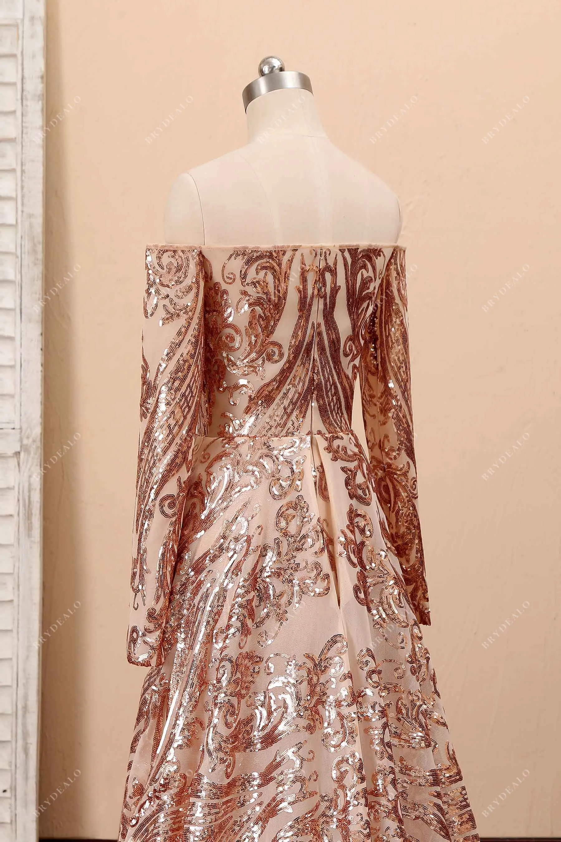 Champagne Patterned Sequin Off Shoulder Prom Gown