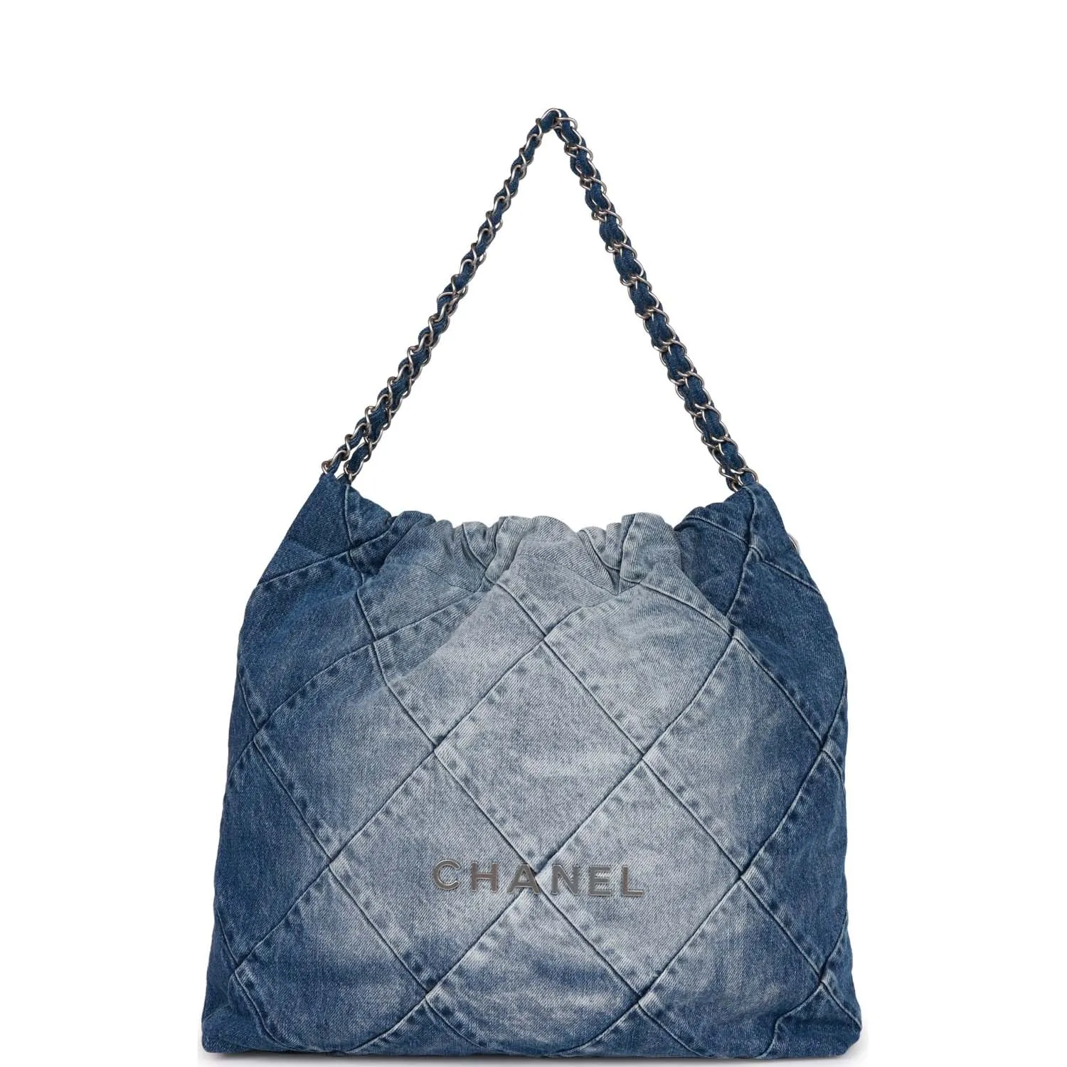 Chanel Large 22 Bag Faded Blue Denim Silver Hardware