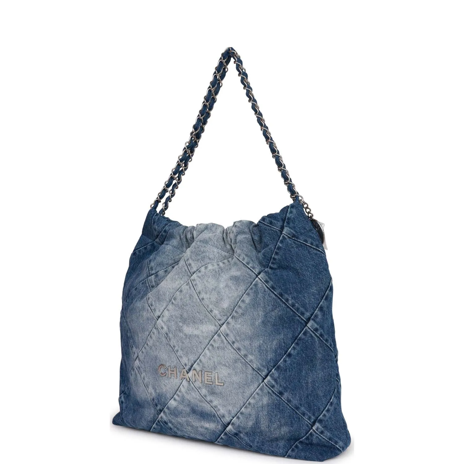 Chanel Large 22 Bag Faded Blue Denim Silver Hardware