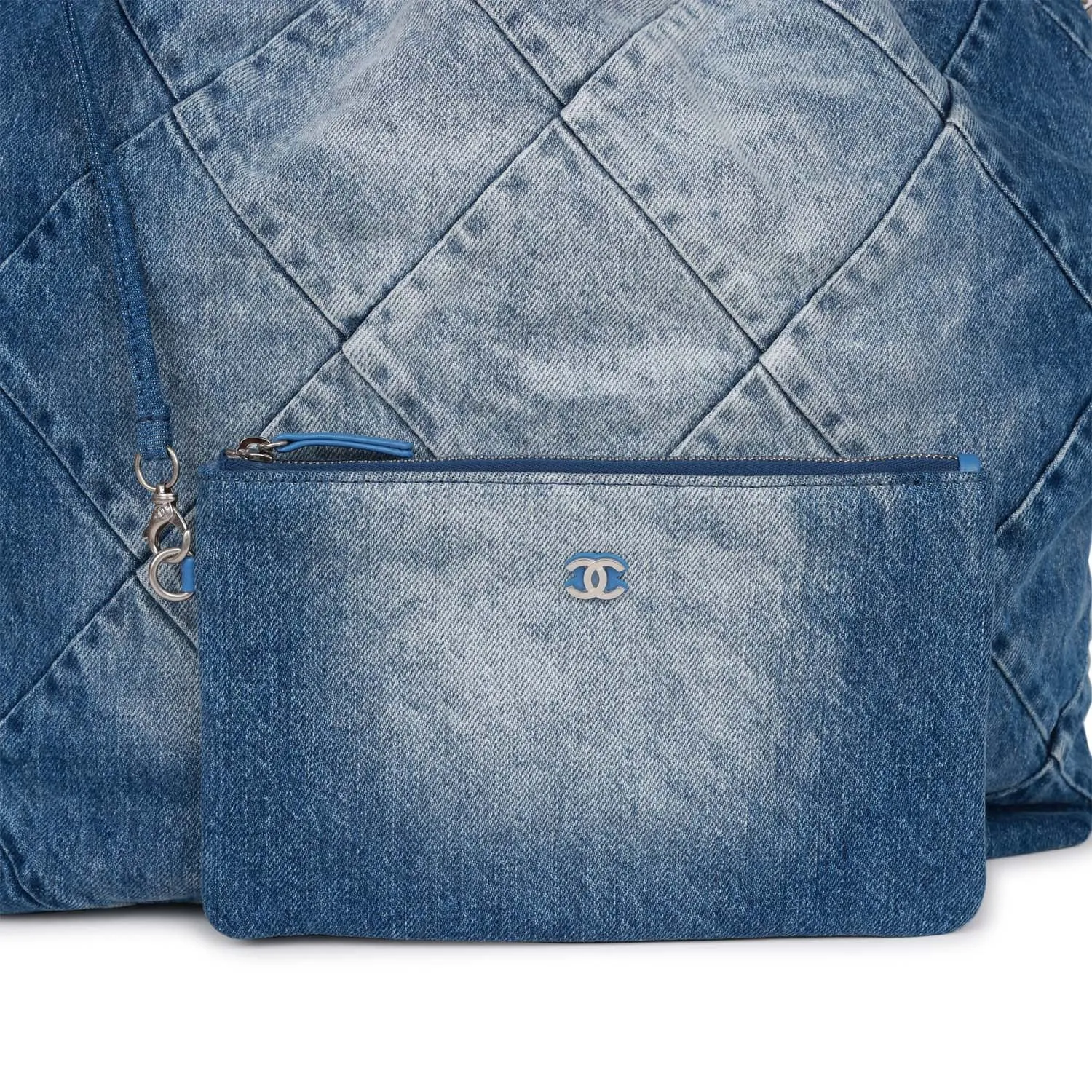 Chanel Large 22 Bag Faded Blue Denim Silver Hardware