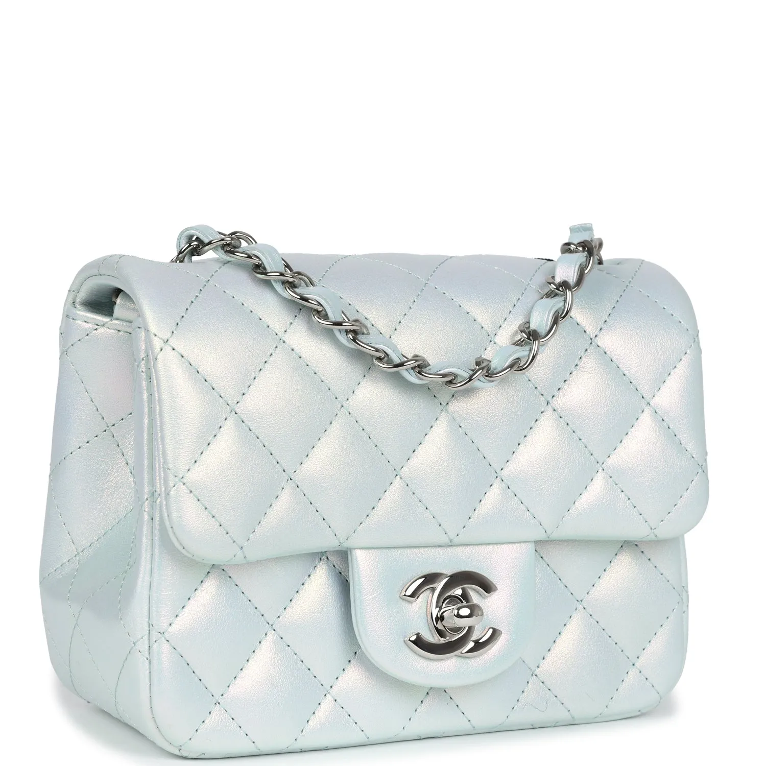 Chanel Mini Classic Square Flap Bag Blue Iridescent Calfskin Silver Hardware