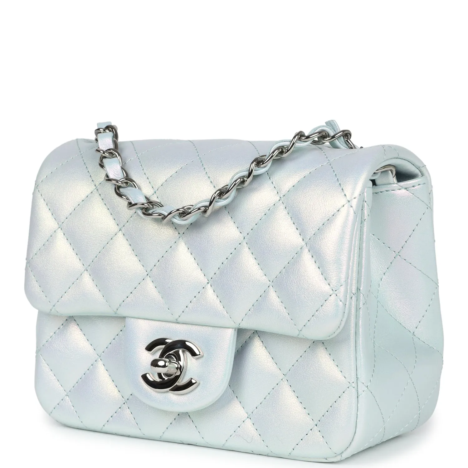 Chanel Mini Classic Square Flap Bag Blue Iridescent Calfskin Silver Hardware