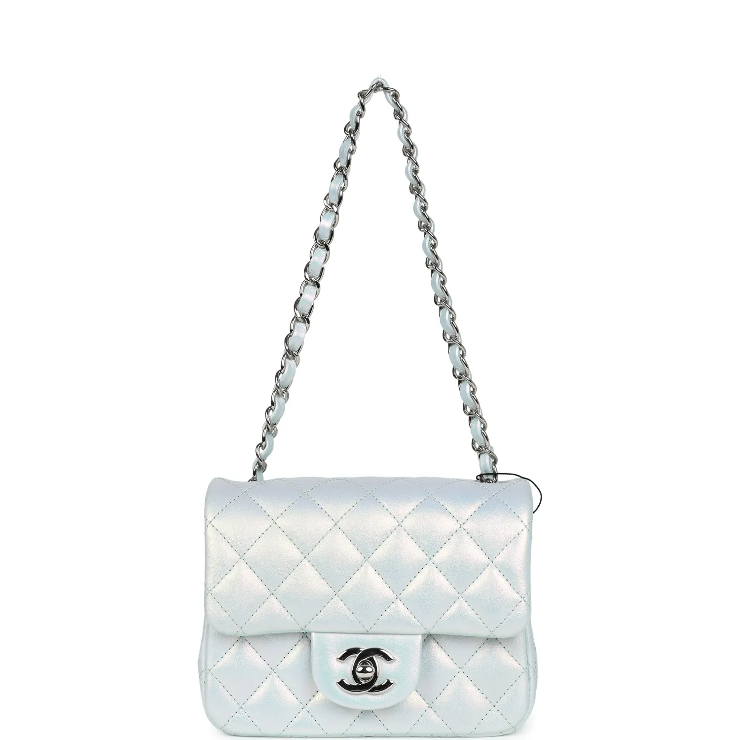 Chanel Mini Classic Square Flap Bag Blue Iridescent Calfskin Silver Hardware