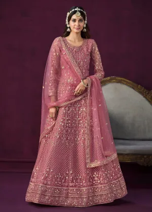 Charming Pink Embroidered Net Floor Length Anarkali Suit