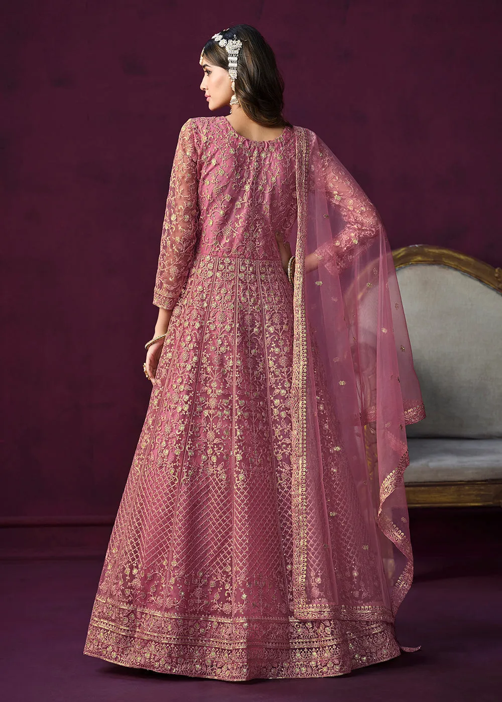 Charming Pink Embroidered Net Floor Length Anarkali Suit