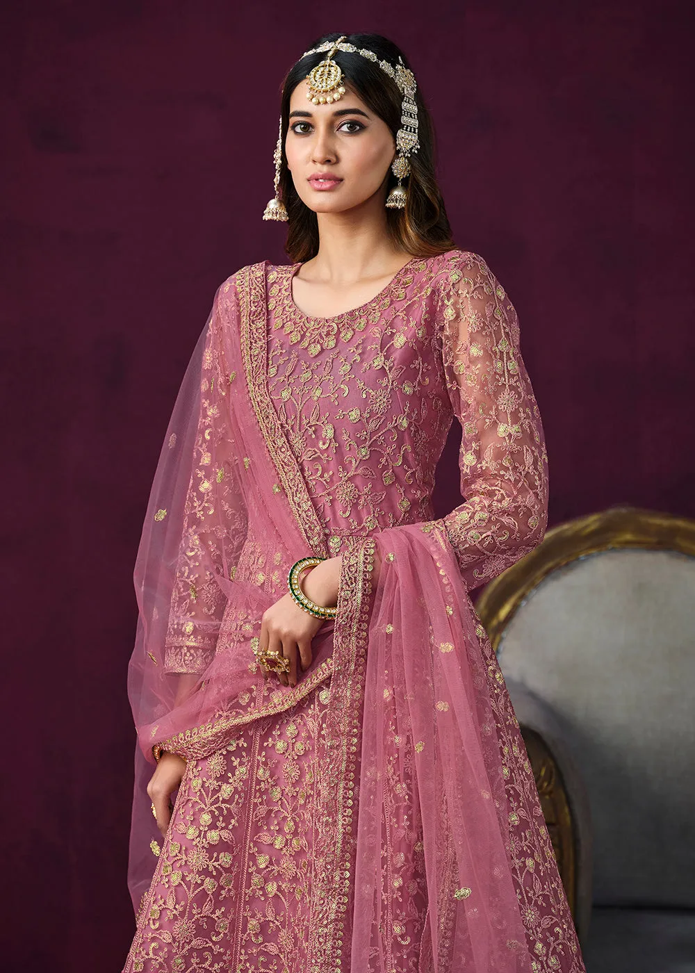 Charming Pink Embroidered Net Floor Length Anarkali Suit