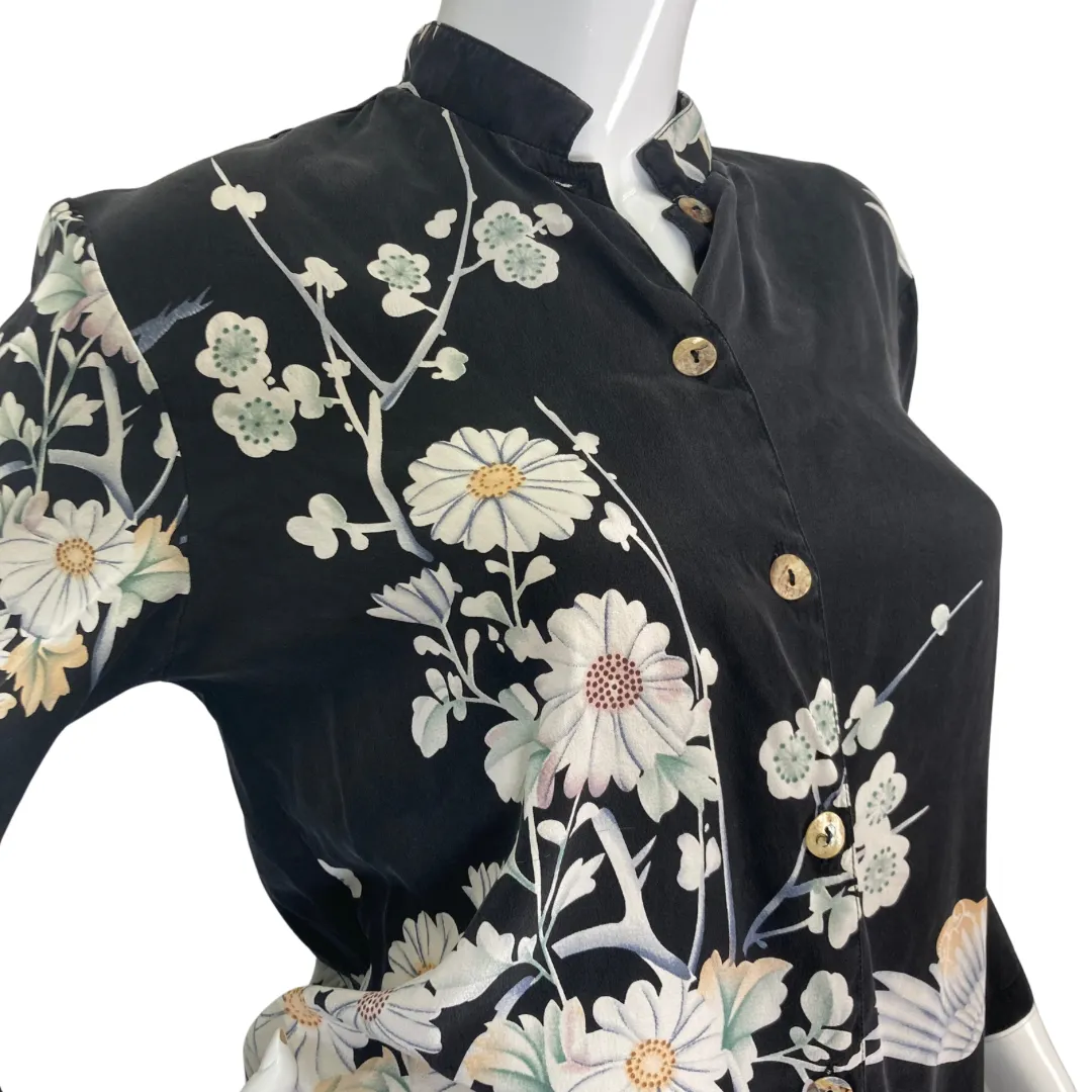 Citron Elegant Black Blouse with White Florals and Swan