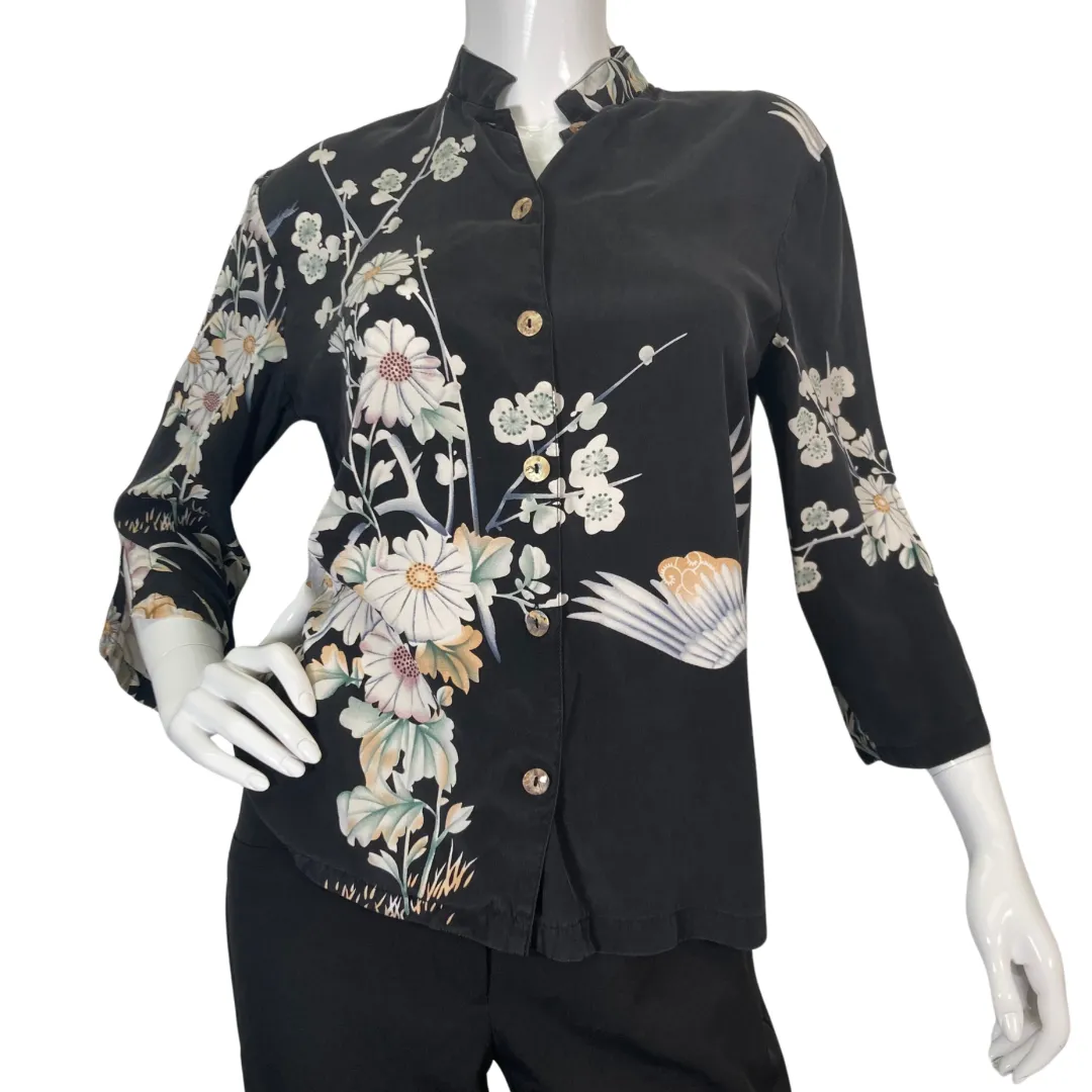 Citron Elegant Black Blouse with White Florals and Swan