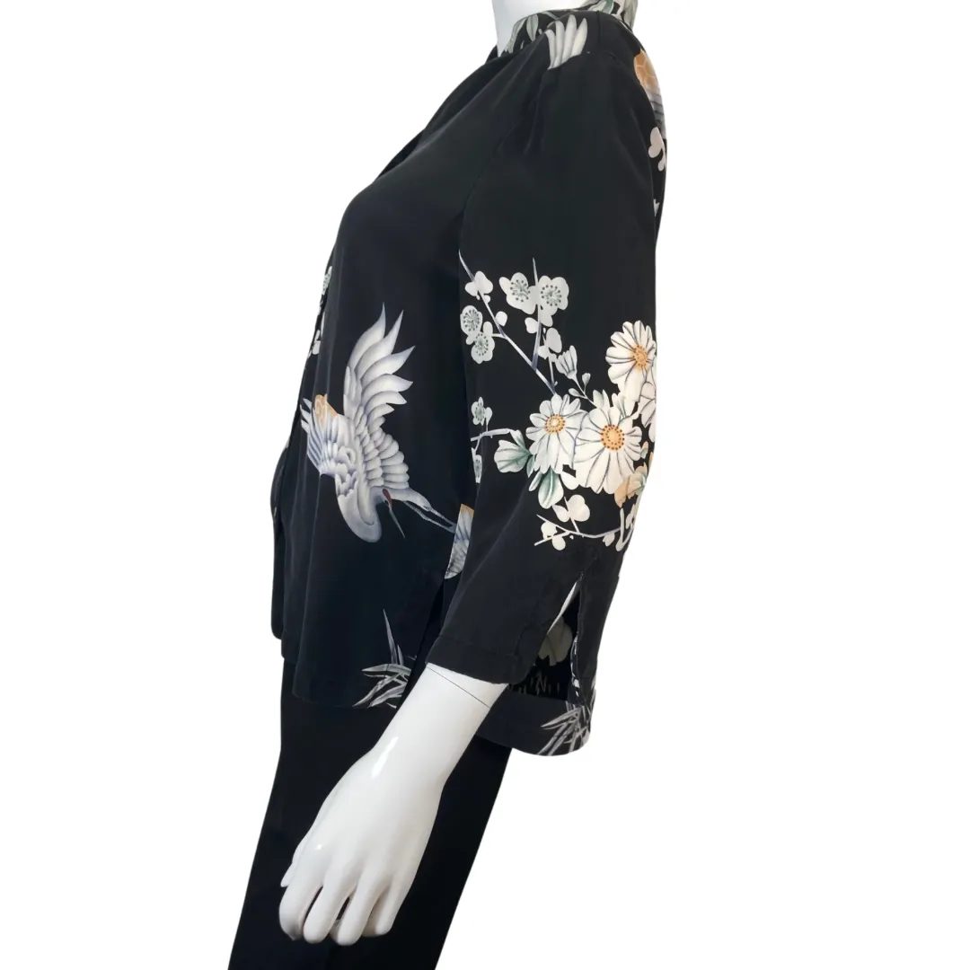 Citron Elegant Black Blouse with White Florals and Swan