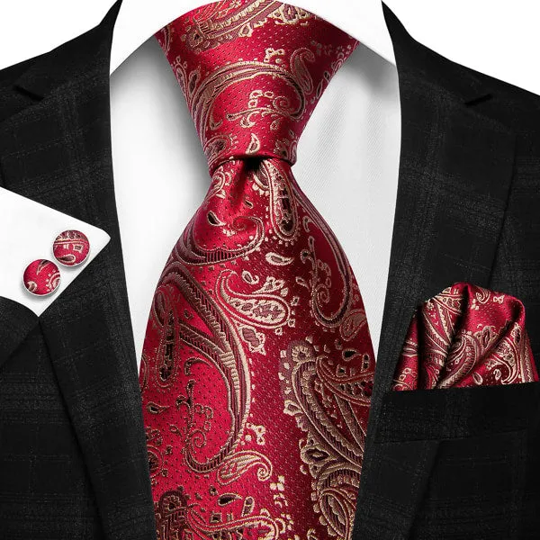 Classy Men Red Gold Paisley Silk Necktie