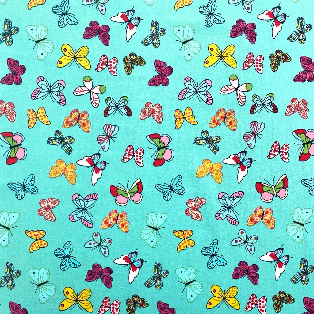 Colourful Butterfly Rose & Hubble Cotton Poplin Fabric