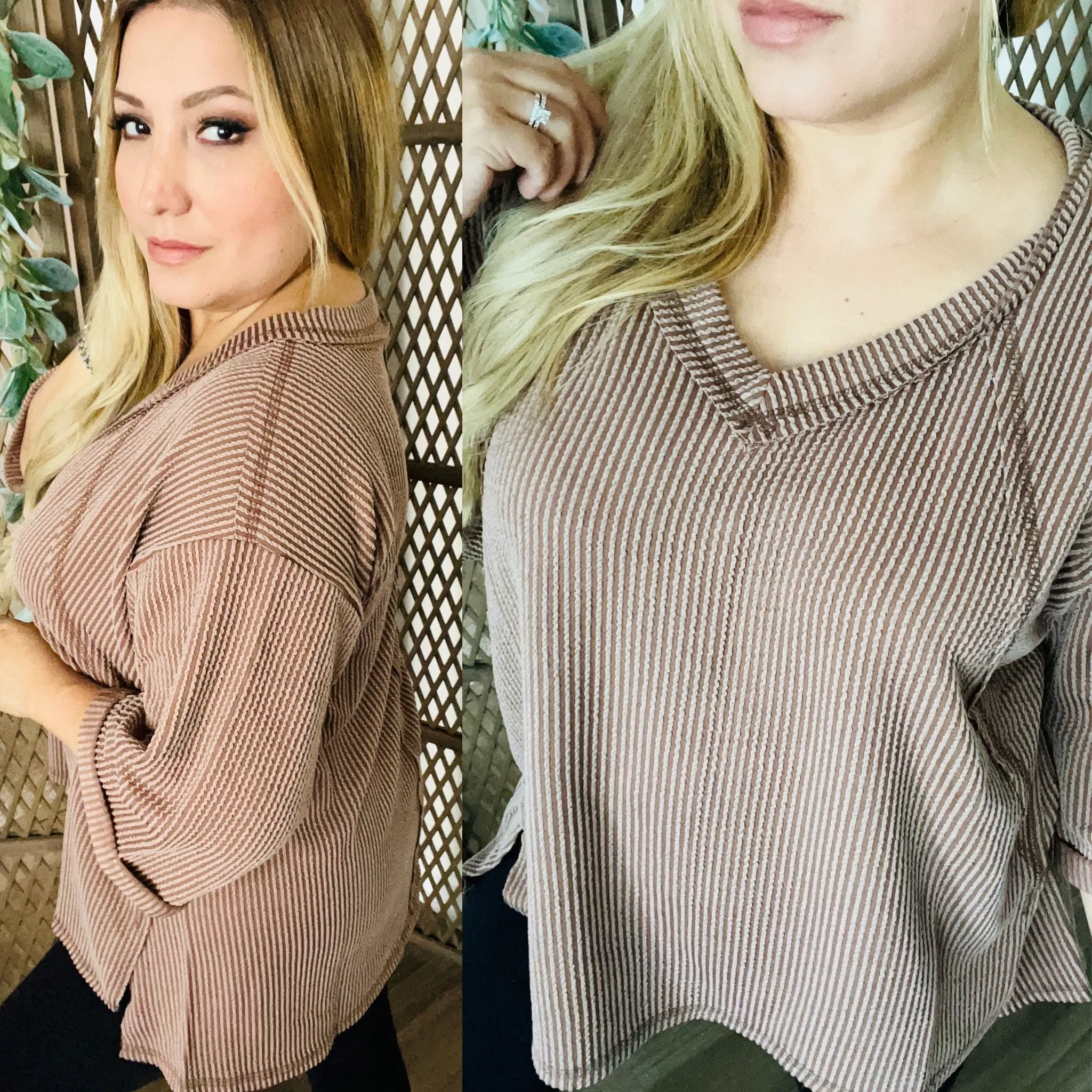 Corded Rib 3/4 Sleeve Hi-Low V Neck Top: Mocha