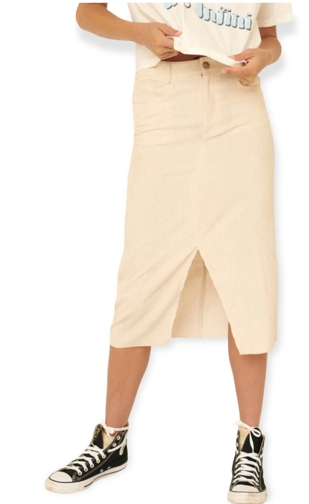 Cream Corduroy Midi Skirt