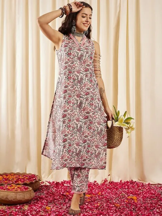 Cream Floral Printed Regular Kurta With Trousers